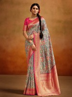 Light Grey And Pink Soft Handloom Banarasi Silk Saree